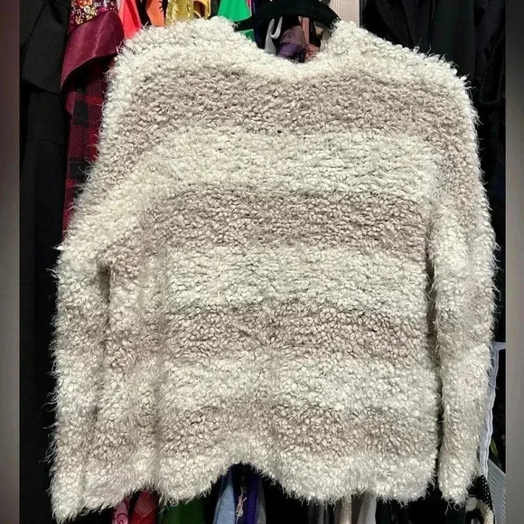Softest Free People White Tan Striped Cardigan Fluffy Cozy - Picture 3 of 6